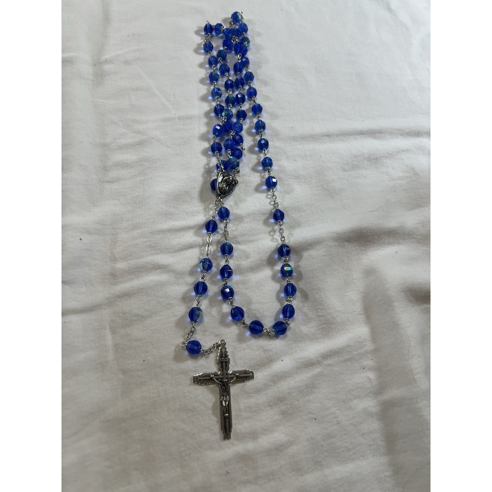 Set of 2 Catholic Rosaries Blue & Clear Glass Beads Silver Crucifix INRI Vintage - Picture 3 of 12